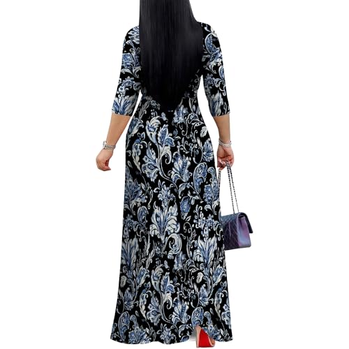 Image of PinkPatty Plus Size Maxi Dress for Women Casual V Neck 3 /4 Sleeve Boho Printed Long Dress with Pockets