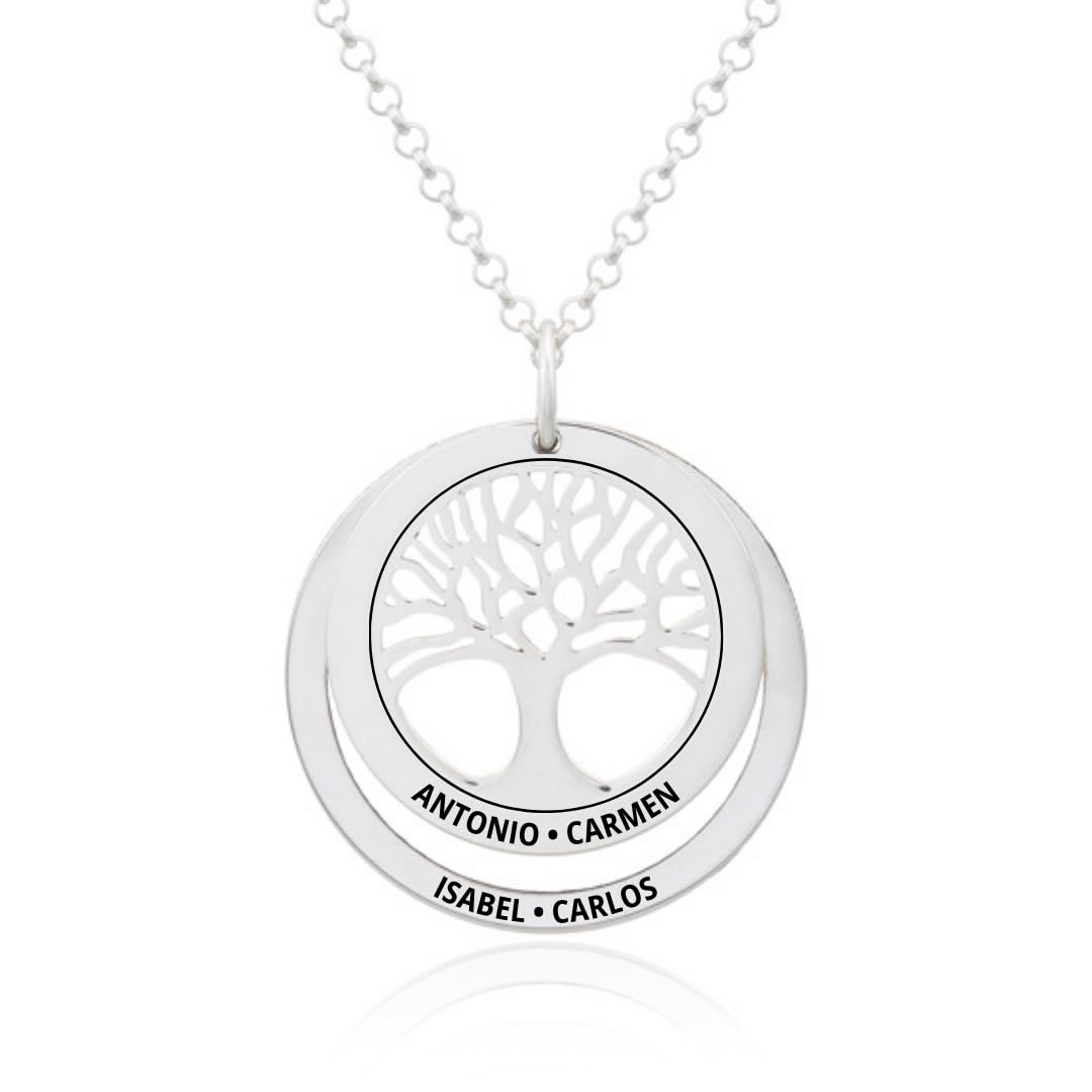 Collar Árbol de la Vida en Plata de Ley 925 personalizable. Cadena de 45cm. Regalo ideal madre abuela con nombres familia. Cumpleaños, Navidad. Hecho en España. (Collar Árbol de la Vida + 1 Aro)