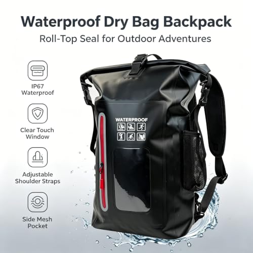 Mochila impermeable de 25L negra con compartimento estanco para acampada y kayak 4
