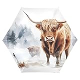 XYMZR Windproof Compact Travel Umbrella Cow Winter Watercolor - Automatic Open & Close, Waterproof Cloth, UV50+ Sun & Rain Umbrella with Fiberglass Frame, Fits Backpack, Purse, Suitcase.
