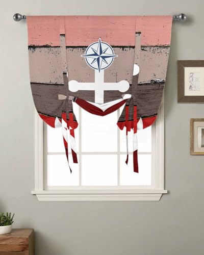Nautical Anchor Tie Up Curtains for Windows 45 Inch Length Balloon Curtains Kitchen Adjustable Balloon Window Shade Red Brown Retro Gradient Wooden Grain Tie Up Valance Bathroom Curtain Window 52