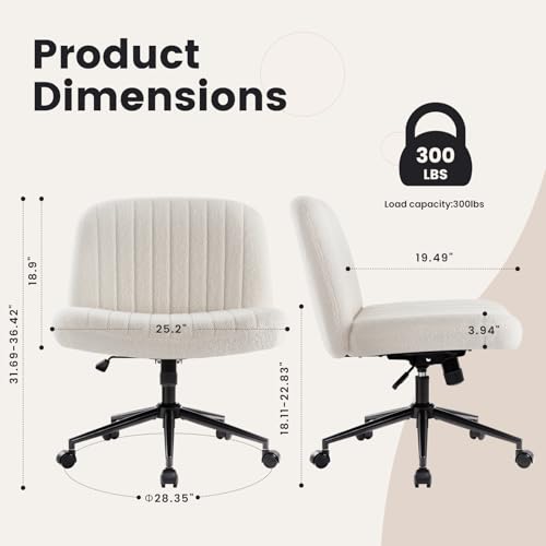 Image of IWMH Criss Cross Chair Cross Legged Office Chair with Wheels Armless Wide Seat Desk Chairs Height Adjustable Computer Task Chairs Swivel Vanity Chair for Home Office Bedroom Make Up Teddy Fabric White