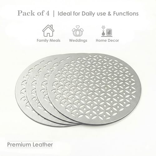 Image of Kuber Industries 4 Pcs Set Leather Round Side Table Mats | Reusable and Washable Dining Table Mat for Party, Wedding and Family Functions | Silver