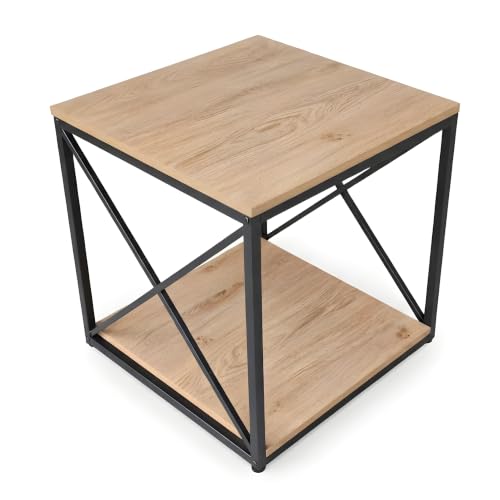 Image of Contour Engineered Wood & Metal Accent Side Table with Open Storage Shelf | Modern Industrial End Table for Living Room & Bedroom | Sofa Side Table | Oak & Black Finish