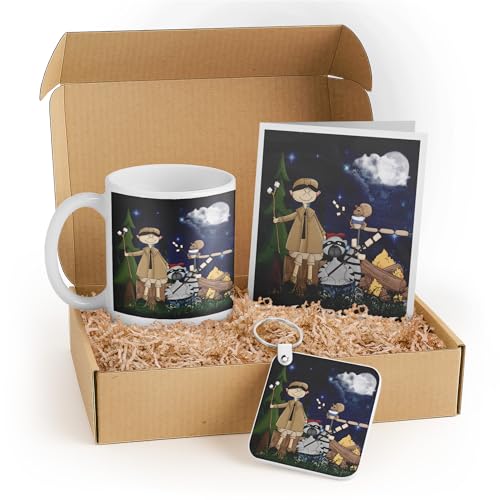 3dRose Camping Gift Set for Kids – Includes Mug, Keychain, and Card – Colorful Camping Scene – Perfect for Birthdays and Outdoor Enthusiasts