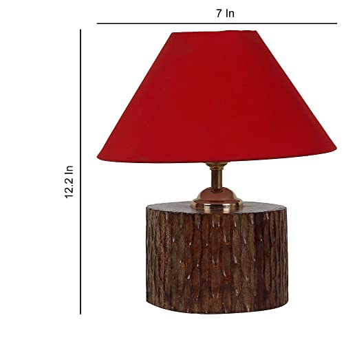 Image of tu casa Table Lamps with Mango Wood Base & Red Cotton Shades for Home Decor, Bedrooms, Living Room, Gifting, Diwali Decoration, Dining Space, Study Room, Hall (Height- 29cm) - Bulb not Included