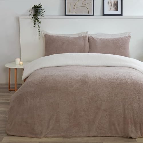 Sleepdown Reversible Teddy Fleece Thermal Warm Cosy Super Soft Duvet Cover Quilt Bedding Set with Pillow Cases - Cream Mink, Double (200cm x 200cm)