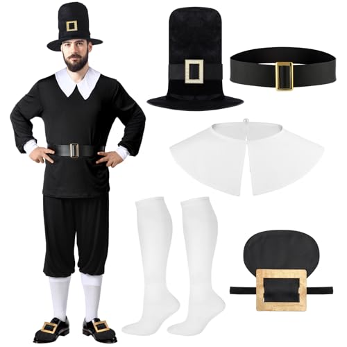 Patelai 7 Pcs Thanksgiving Men Pilgrim Costume Accessories Include Shoe Buckle Pilgrim Hat Sock Belt Collar for Thanksgiving Day Colonial Outfit Cosplay Costume