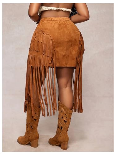 WDIRARA Women's Plus Size Faux Suede Fringe Skirt High Waisted Tassel Trim Western Cowgirl Skirts3