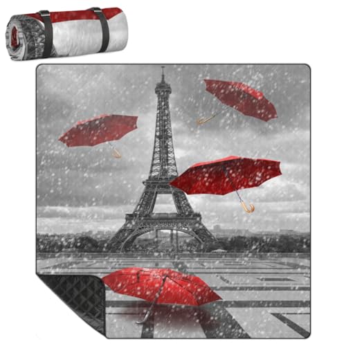 Shimoshe Extra Large Picnic Blankets 79”x 79”, Red Umbrella Eiffel Tower Waterproof Foldable Picnic Mat with Straps Portable Beach Blanket for Camping Park Grass Beach Indoor