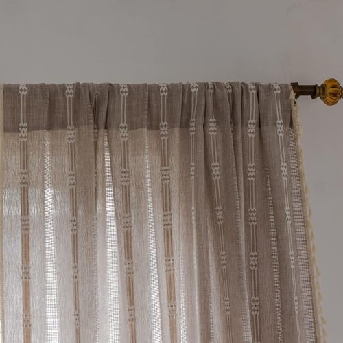 Linen Curtains 108 Inches Long for Living Room 2 Panels Set, Embroidery Farmhouse Tassel Boho for Bedroom Light Filtering Window Rod Pocket Drapes (52" W x 108" L, Khaki)