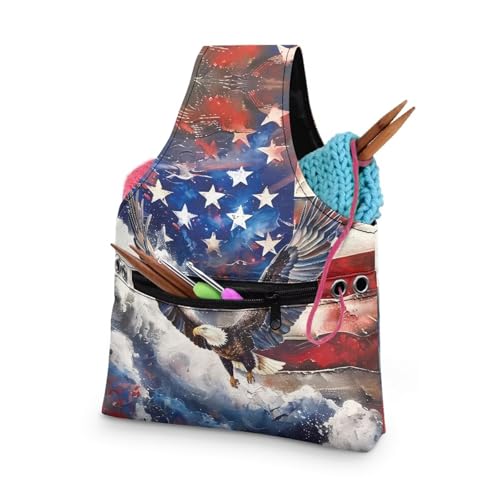 Image of ZUXONGSY American Flag Knitting Tote Bag for July 4th 2026 America250 Yarn Storage Bag for Crocheting Small Crochet Organizers and Storage Patriotic Eagle