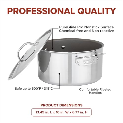 Image of Viking PureGlide Pro 3-Ply Nonstick Dutch Oven with Lid, Made without PFAS, 6-Quart Induction Cooking Pot, Metal Utensil Safe Titanium Nonstick Surface, Oven Safe to 600F