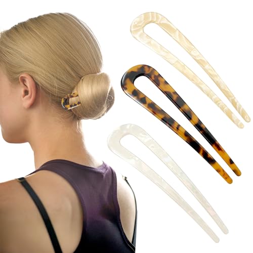 French Hair Pin 3 Stück, U Förmige Haarnadel, Acryl Französische Haarnadel, 2 Zinken Haarnadeln Groß, French Twist Hair Pin für Damen Mädchen Frauen