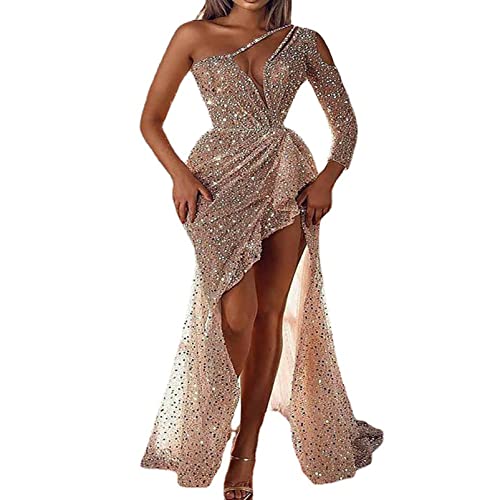 Robe de soirée à paillettes dissimulant les imperfections avec fente