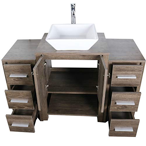 48\" Bathroom Vanity Cabinet Brown MDF Wood Vessel Sink Modern Design w/Mirror Faucet Drain - Thumbnail 3