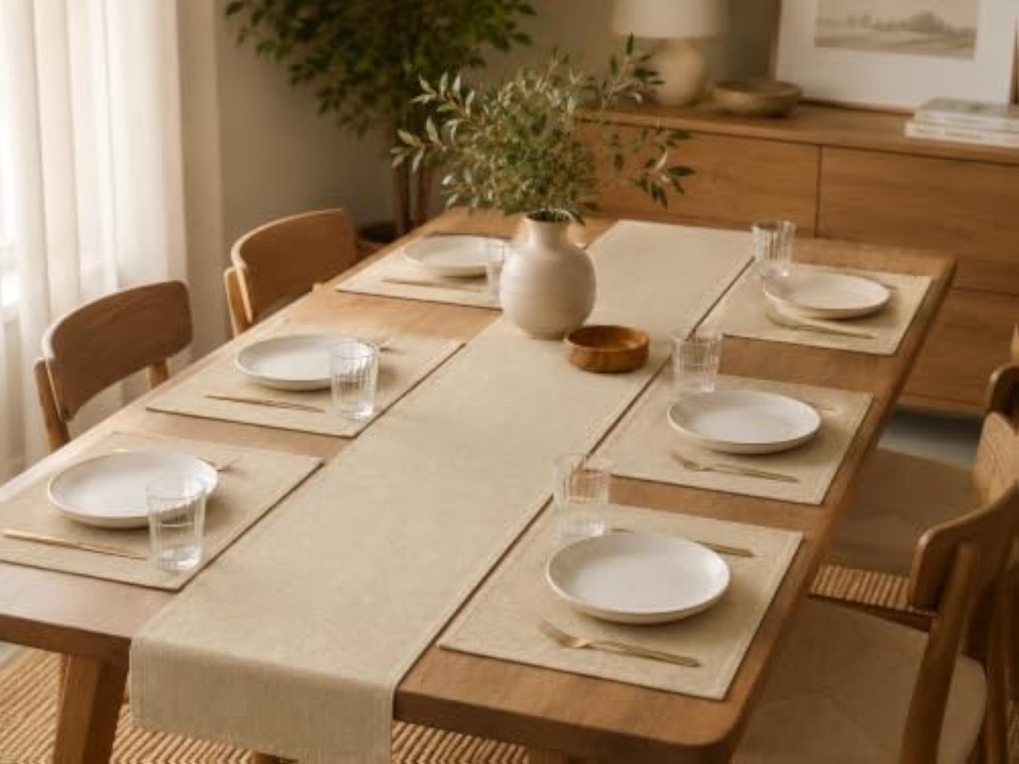 Jute Fabric Dining Table Mat and Runner Set, Reversible Quality