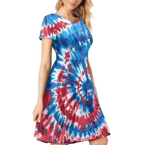 Image of POLERO Women Puffy Swing Elegant Party Midi Dresses Short Sleeve Round Neck A-Line Dress