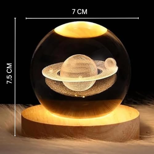 Image of Rangoli Saturn Black & White Engraved Crystal Ball with LED Light Base - 3D Laser Engraved Decorative Night Lamp for Home Decor, Office Desk, Gift.