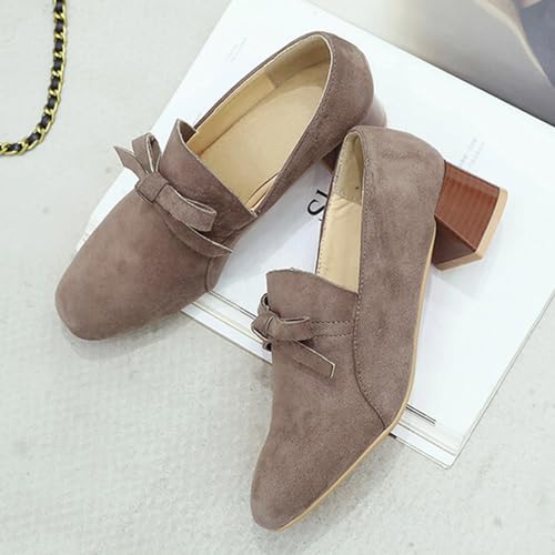 Alyaafifa Bow Pumps for Women Stacked Block Mid Heel Closed Square Toe Slip On Office Lady Working Dressy Shoes Comfortable Suede Leather Heeled Loafers Casual Daily Wear 6