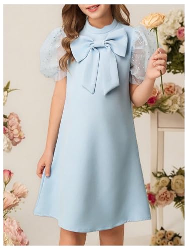 Girl's Cute Bow Dress Crew Neck Puff Sleeve Birthday Party Tunic Dresses4