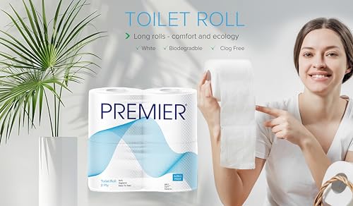 Image of Premier Toilet Tissue Paper Rolls (1280 Pulls) | 2-Ply Soft and Highly Absorbent | 320 Pulls x 4 Rolls | Biodegradable | Clog Free | Flushable | Easy to Tear | Family Pack (4in1) Toilet Paper Roll
