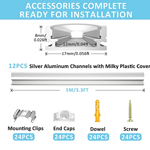 Pasun U-Shaped LED Profile Channel System with Diffuser, 12-Pack 3.3ft Light Cover, End Caps and Mounting Clips for Strip Light Installation