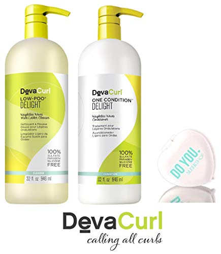 DevaCurl DELIGHT Low-Poo Weightless Waves Cleanser & DELIGHT One Condition Weightless Waves Conditioner DUO Set (with Sleek Compact Mirror) (Delight - 32 oz Large Liter Duo Kit)