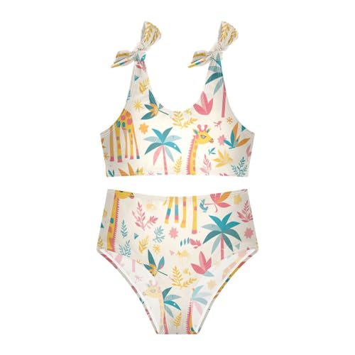 Exotic Palm Tree Giraffe Girls 2 Pieces Kids Bikini Set Scoop Neck Bathing Suit Swimwear Adjustable Strap3