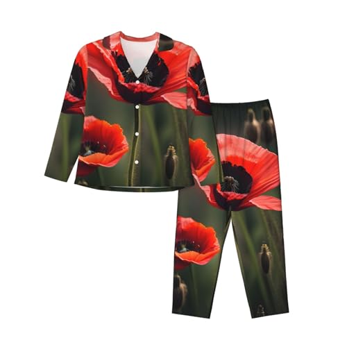 Pyjama 2 pièces femmes à manches longues imprimé coquelicot rouge nuit