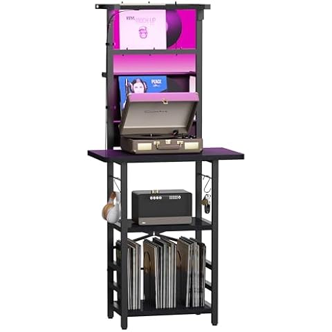 YAKANJ Record Player Stand with Led Light,Record Player Table with Vinyl Storage,Turntable Stand with Record Holder Vinyls Display Shelf for Music Room Studio,Black Cover
