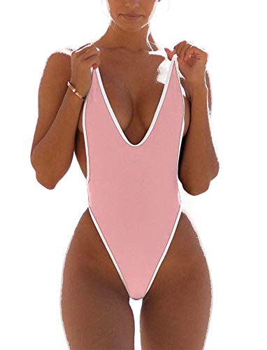 FITTOO Women Monokini Retro Thong One Piece Swimsuit Deep V High Cut Sexy Trikini Push up Strappy Backless XL Baby Pink