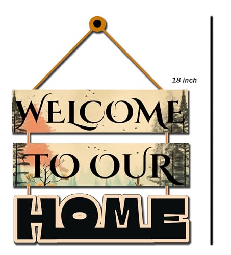 Image of GENXTRA inchWelcome to Our Home Wooden Wall Hanging | Rustic Forest Theme Decorative Wall Sign for Entryway, Living Room & Balcony