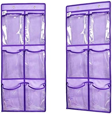 ANIZER Over The Door Hanging Shoe Organizer Narrow Closet Door Shoe Storage 6 Large Clear Pockets Chart 2 Pack (PURPLE)