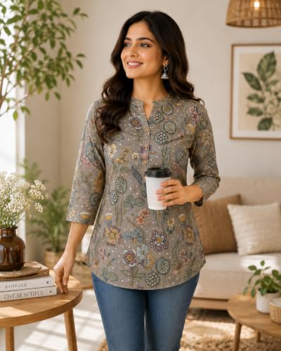 Image of Women's Floral Printed Cotton Kurti Summer Cotton Tunic Top for Girls