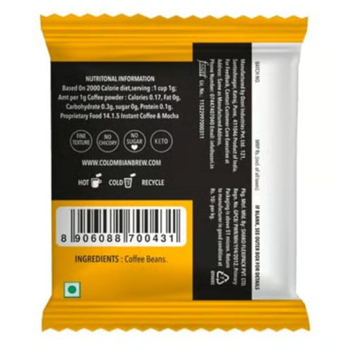 Image of Colombian Brew Coffee Original Instant Coffee Powder- Pack of 200 Sachets- No Sugar, Vegan, Keto-Friendly- Hot & Cold Coffee, Easy Mix, Zero Sugar, Instant Beverage
