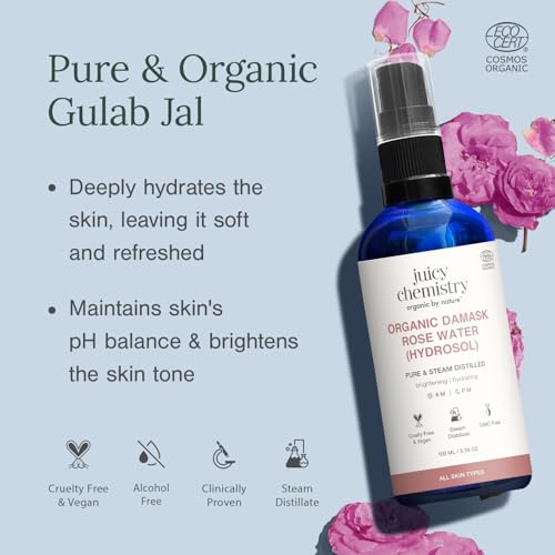Image of Juicy Chemistry Organic Rose Water (Hydrosol), 100 ml | Face Toner for Glowing, Brighter and Hydrated Skin | Made with Bulgarian Damask Roses - Clinically Tested