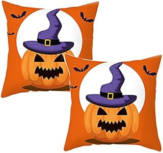 2 pièces Halloween Housse de Coussin Housse d'oreiller Décoratif Taie d'oreiller pour Halloween Cadeau Lin Citrouille Trick Or Friandise Coussin 45*45cm(citrouille)