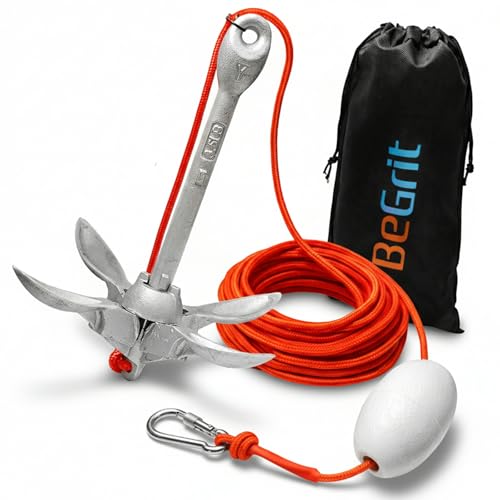 BeGrit Verzinkt Anker Gusseisen Faltanker 1,5KG Ankerset mit Ø 6mm 10 Meter Ankerleine Für Boot SUP Paddle(Silber)
