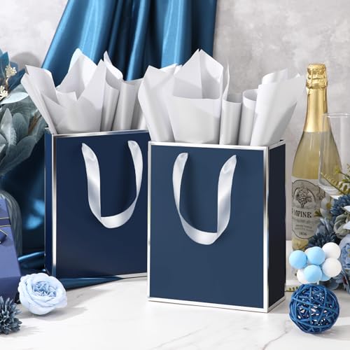 Image of Yeaqee 24 Pack Metallic Paper Gift Bags, Navy Blue, Silver | with Satin Ribbon Handle and Tissue, 9x7x3.1 Inch, Suit Business, Birthday, Christmas, Thank You Return Gifts Bags