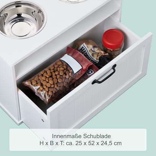 Relaxdays Futterstation Hund, 2 Hundenäpfe, Stauraum, HxBxT: 42 x 60 x 30 cm, erhöhte Hundebar, MDF, Hundeschrank, weiß