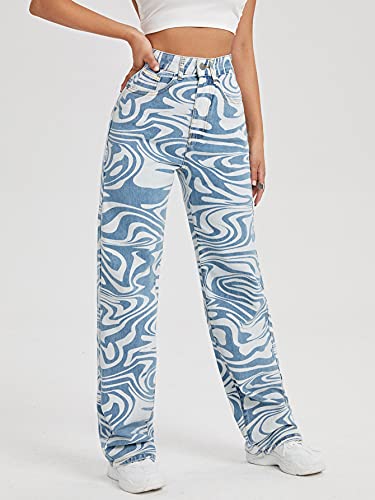 Floerns Women's High Waist Print Pants Y2K Print Wide Leg Denim Jeans Blue L #TOP2