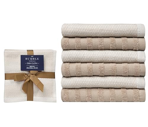 Image of Bumble Premium Dish Cloths 13 inchx13 inch (6 Pack) | 100% Natural Ring Spun Cotton | 400 GSM | Highly Absorbent & Soft |Yarn Dyed & Solid Dyed Terry Dish Cloth Set - Tan