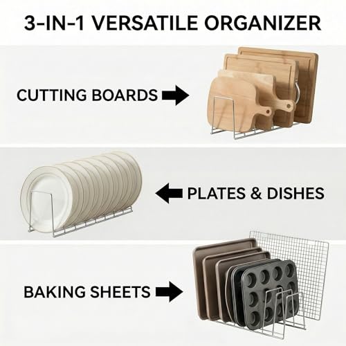 Image of Kitchen Organizer Metal Dish Rack Cutting Board Holder Stand for Countertop or Inside Cabinet Organization, 8 Slot Cutting Board Plate Drying Rack for Bakeware Storage SLIVER