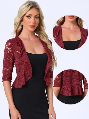 Image of Allegra K Lace Shrug for Women Bolero Tops Sheer Cardigan Open Front Half Sleeve Dressy Cover Up