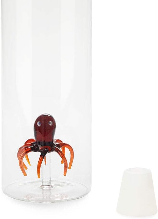 Balvi Atlantis Octopus Glass Water Bottle with Silicone Stopper, 1.2L Capacity, Borosilicate Glass, Decorative Octopus Inside – Botella de Pulpo