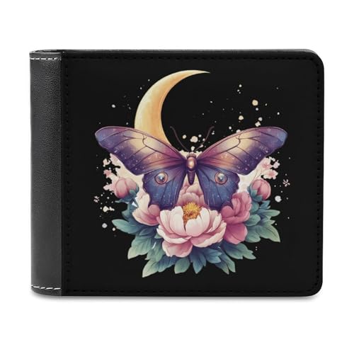 Moth Butterfly Moon Flowers Bifold Wallet PU Leather Slim Purse Pocket Wallet with Card Holder for Women Men
