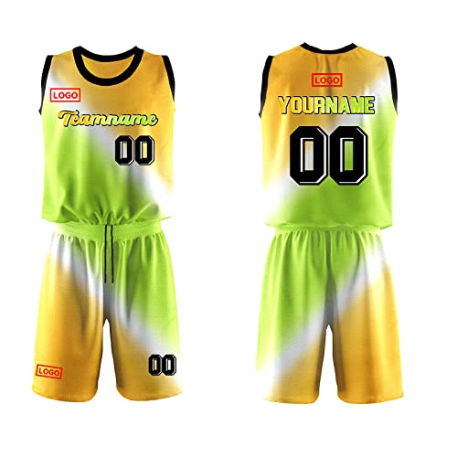 Custom Basketball Jersey Youth Basketball Uniform, Hip Hop 90s Jersey Gradient Green Yellow Team Jerseys for Boy Kids