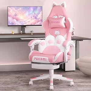 Waleaf Gaming Stuhl mit Fußstütze, Ergonomischer Gaming Sessel Cute Bürostuhl mit Katzenpfote Lendenkissen und Katzenohren, Verstellbarer Gamer Stuhl & Gaming Chair für Erwachsene, Rosa