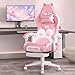 Waleaf Gaming Stuhl mit Fußstütze, Ergonomischer Gaming Sessel Cute Bürostuhl mit Katzenpfote Lendenkissen und Katzenohren, Verstellbarer Gamer Stuhl & Gaming Chair für Erwachsene, Rosa